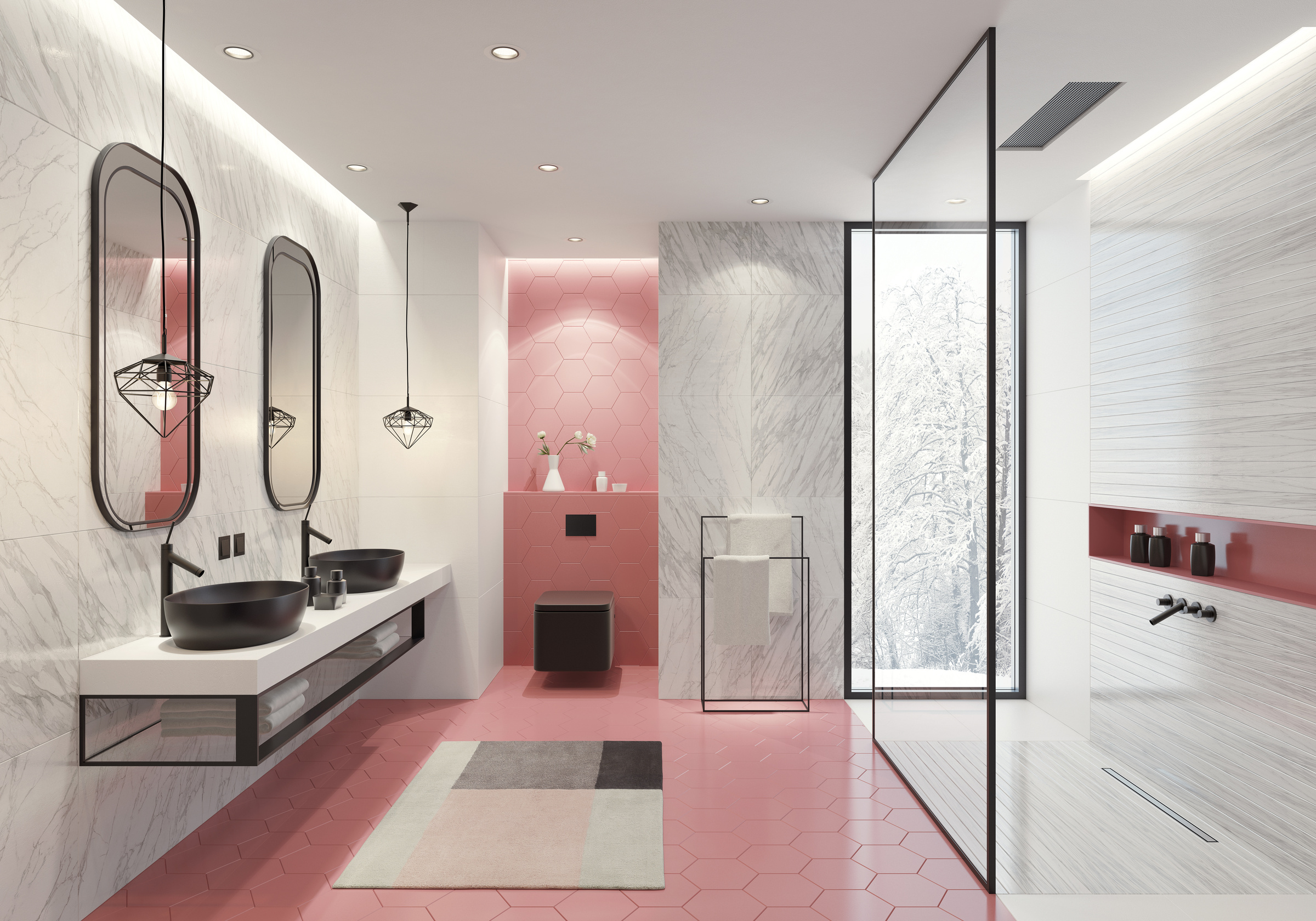 Contemporary bathroom with light pink honeycomb tiles